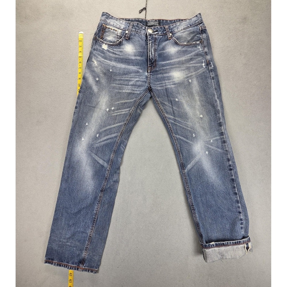 IZZVATT Jeans Mens 36x26 Blue Med Wash Straight‎ Distressed Studded Fits 34x32
